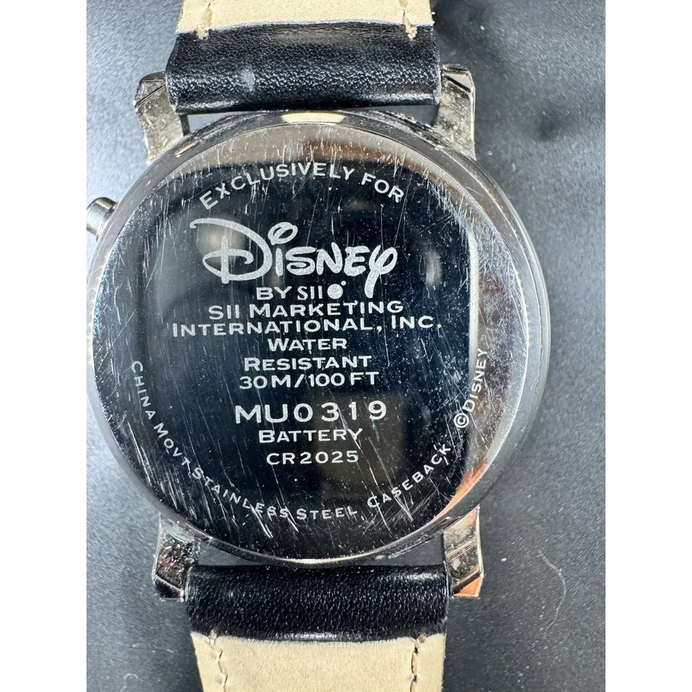 Disney Mickey Mouse Musical Quartz Watch MU0319 Silver Tone Black Leather Band